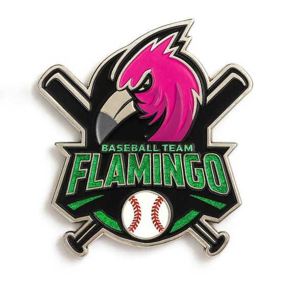 Custom Flamingo baseball team green glitter enamel pin.